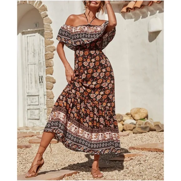 BellanBlue | Dresses | Boho Orange Floral Print Off Shoulder Maxi Dress |  Poshmark